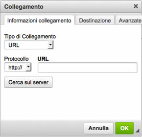 finestra di inserimento del collegamento ipertestuale